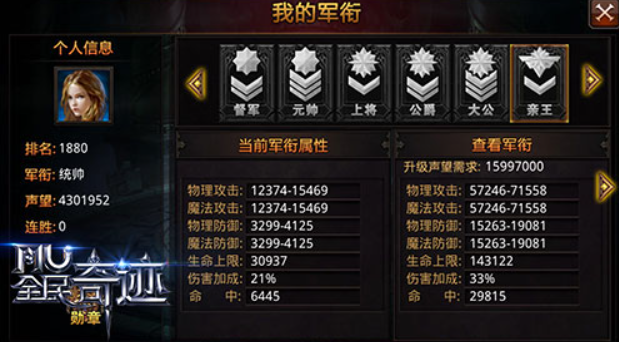 全民奇迹mu军衔如何提升1